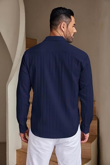 CB-COLEBROOK Men's Casual Button Down Shirts Long Sleeve Linen Shirt Fashion Textured Beach Summer Shirts
