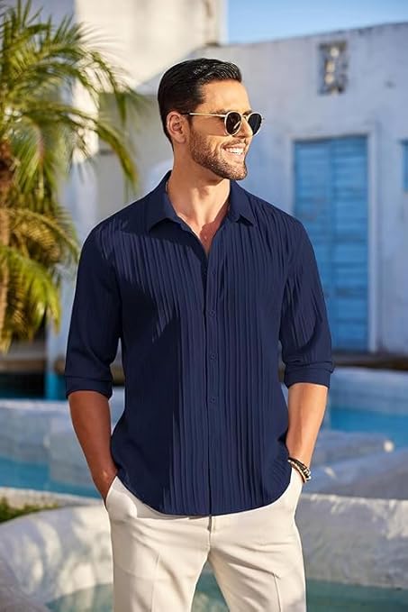 CB-COLEBROOK Men's Casual Button Down Shirts Long Sleeve Linen Shirt Fashion Textured Beach Summer Shirts
