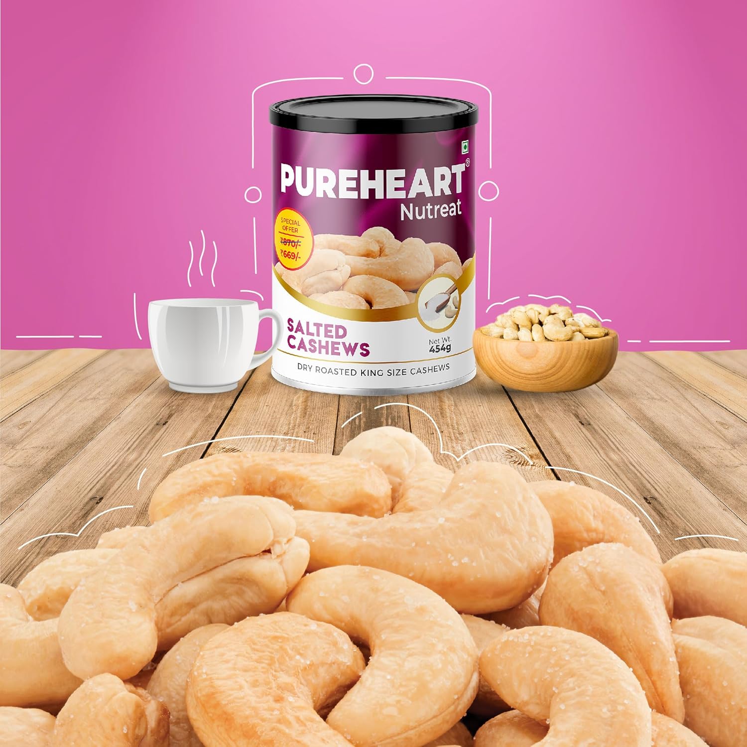Pureheart Nutreat Roasted Salted Cashews (454 gm), Flavourful & Crunchy Snack | Premium Salted Whole Cashew Nuts/Kaju Dry Fruit