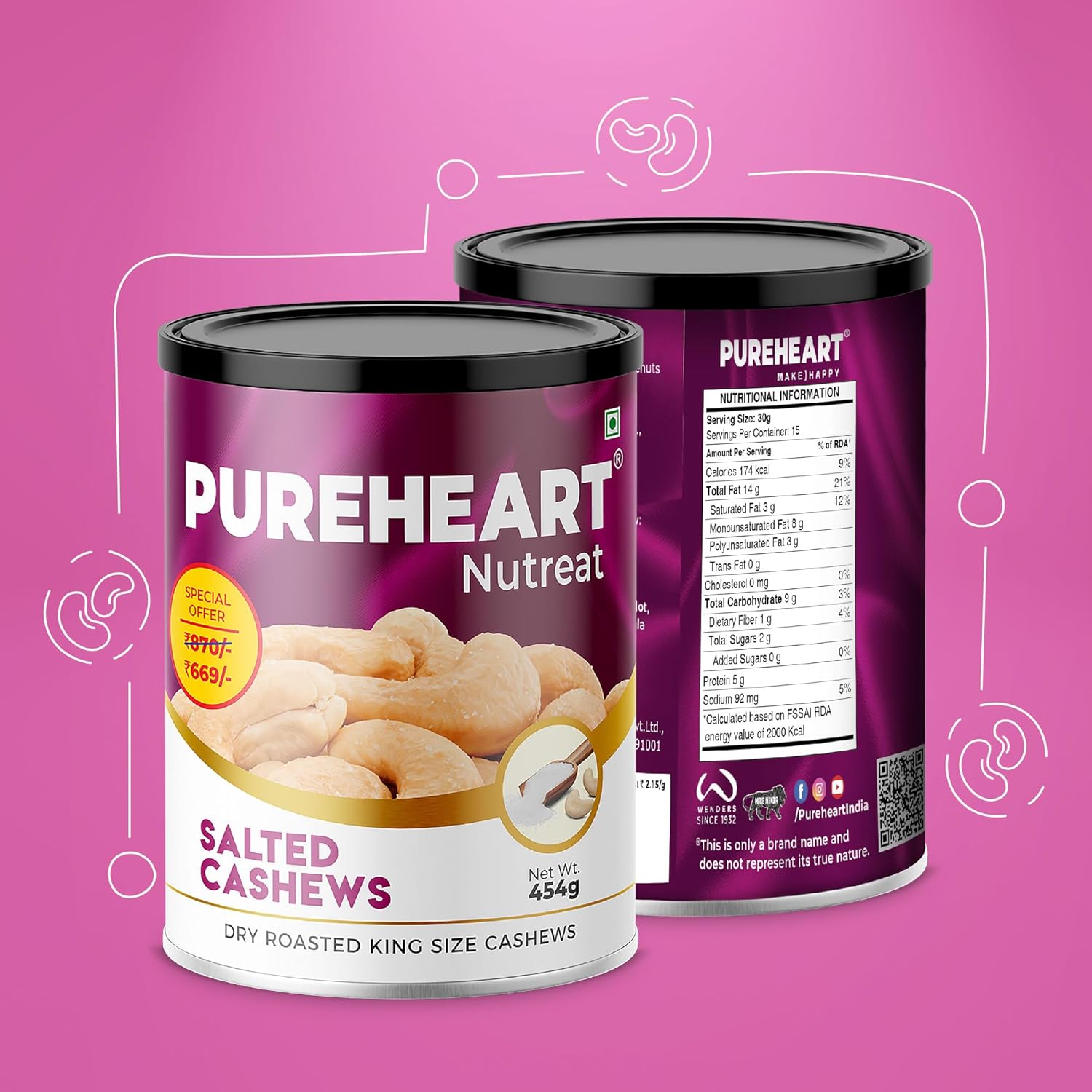Pureheart Nutreat Roasted Salted Cashews (454 gm), Flavourful & Crunchy Snack | Premium Salted Whole Cashew Nuts/Kaju Dry Fruit